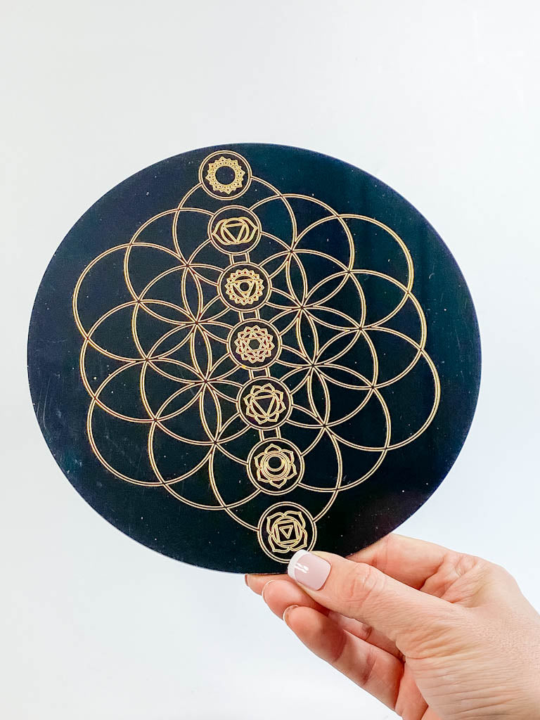 Chakra Balance with Seed of Life Mandala Disc | Black Acrylic