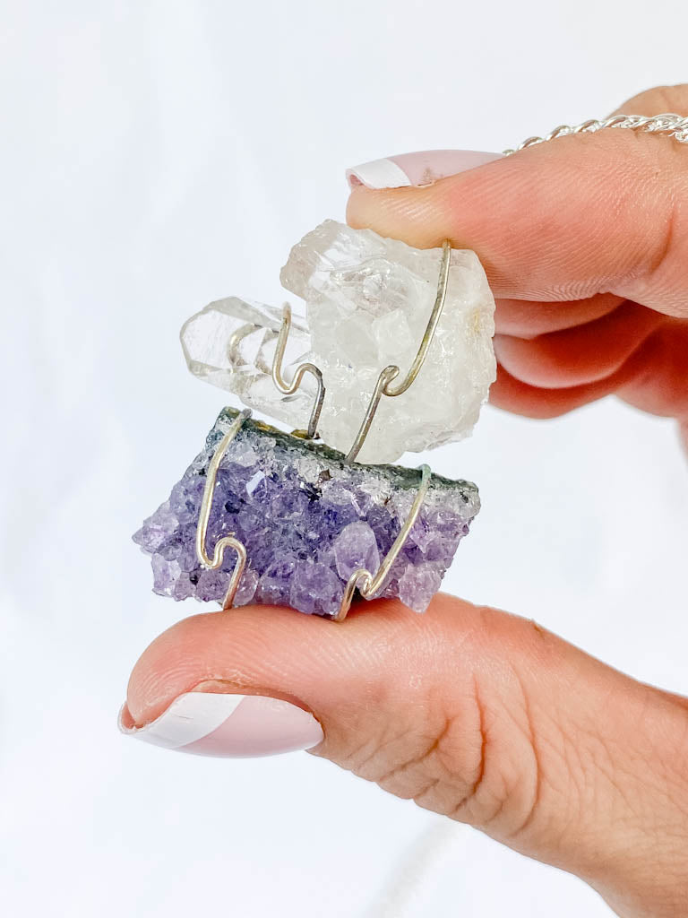Clear Quartz and Amethyst Connection Necklace with Silver Chain