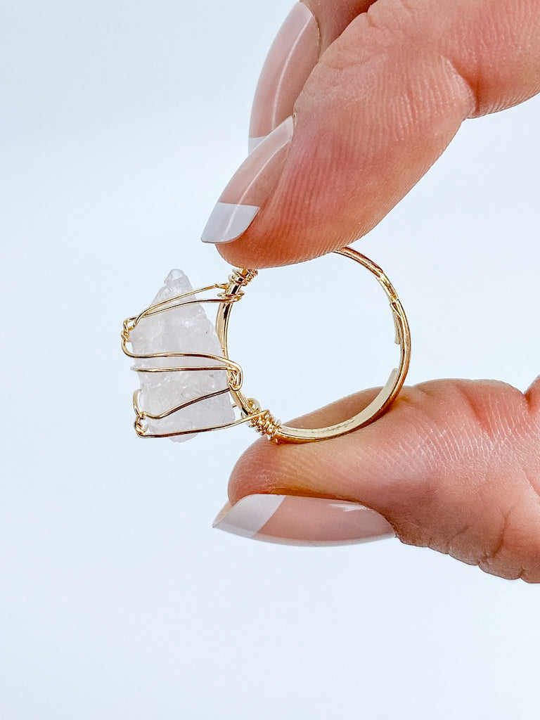 Rose Quartz Ring Gold Plated Wire Wrapped