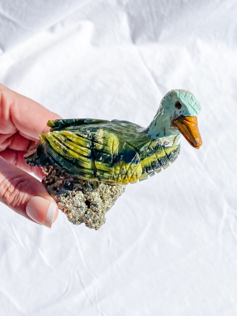 Peruvian Carved Crystal Duck on Pyrite Cluster 207g