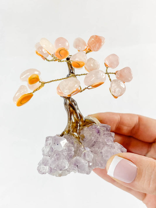 Crystal Bonsai Tree Rose Quartz on Amethyst Base