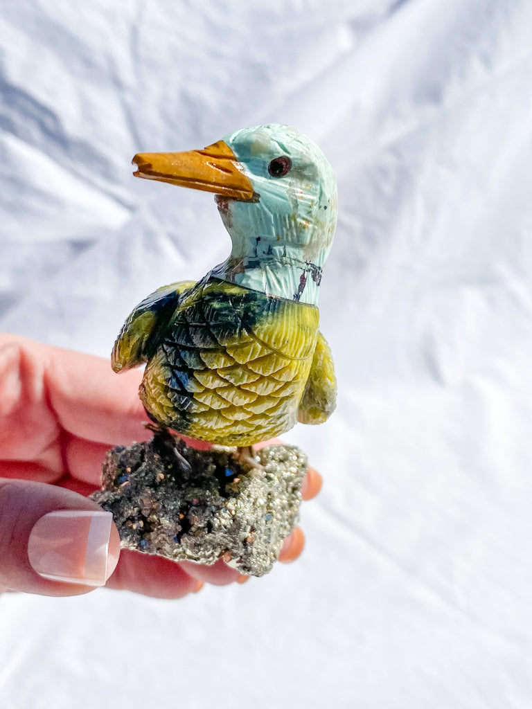 Peruvian Carved Crystal Duck on Pyrite Cluster 207g