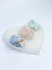 Harmony Trio Heart Plate: Selenite + Amazonite + Blue Calcite + Rose Quartz