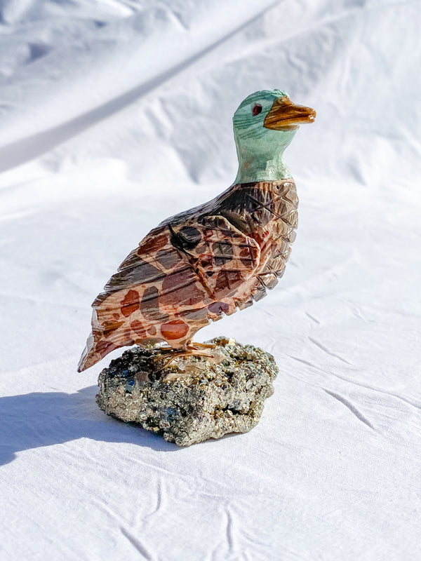 Peruvian Carved Crystal Duck on Pyrite Cluster 211g