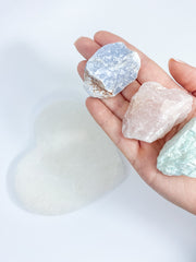 Harmony Trio Heart Plate: Selenite + Amazonite + Blue Calcite + Rose Quartz