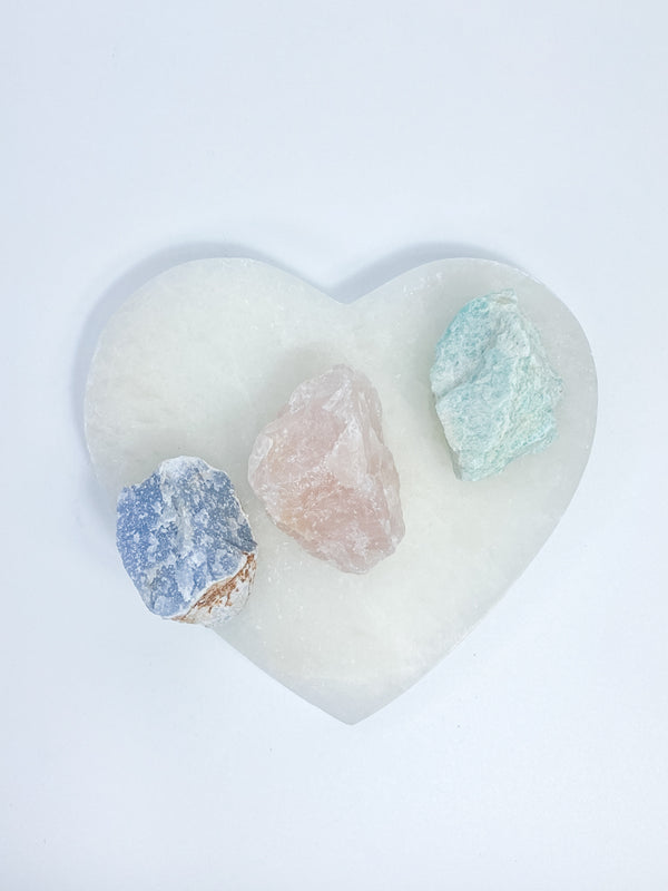 Harmony Trio Heart Plate: Selenite + Amazonite + Blue Calcite + Rose Quartz