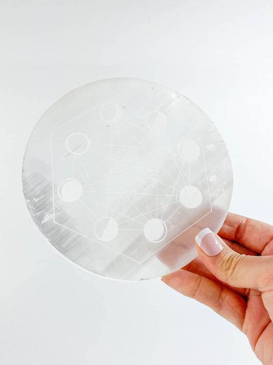 Selenite Seed of Life Grid Plate Full Moon | Large