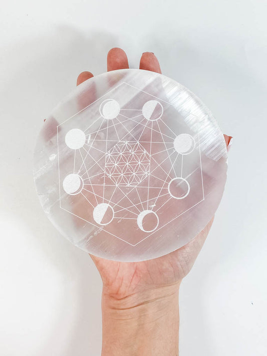 Selenite Seed of Life Grid Plate Full Moon | Large